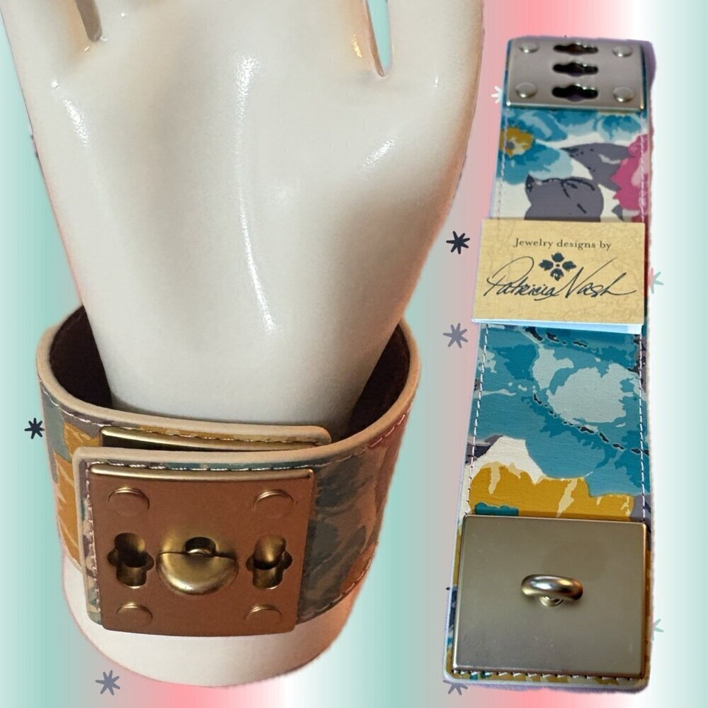 Patricia Nash 1st Bloom Floral Leather Pattern Triple Turn Lock Cuff Bracelet